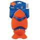 Orangenes fischförmiges Hundespielzeug mit eingebautem sabberfreiem Tee, verpackt mit blauem Hintergrund und Gebrauchsanweisung.