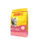 Eine bunte 10 kg Tüte Josi Cat Kittenfutter mit einem verspielten grauen Kätzchen auf der Vorderseite, mit Text, der 'Kitten' und 'Lachsöl' hervorhebt.