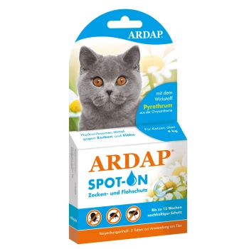 Verpackung für ARDAP Spot-On Floh- und Zeckenschutz für Katzen über 4 kg, mit einer grauen Katze mit orangefarbenen Augen und floralem Hintergrund.