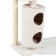 Un arbre à chat beige doux avec un cachette cylindrique à deux ouvertures, un poteau à gratter et une base en peluche.