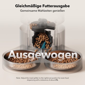 Automatischer Futterspender für Haustiere mit zwei Schalen, der gleichmäßig Futter ausgibt; der Text lautet "Gleichmäßige Futterausgabe" und "AUSGEWOGEN".