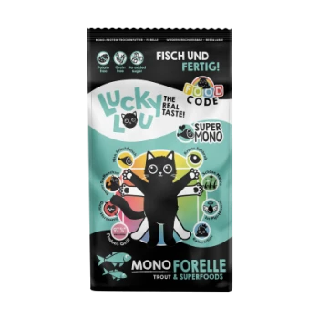 Eine Tüte Lucky Lou Katzenfutter mit einer Cartoon-Schwarzen Katze, beschriftet mit "Mono Forelle" mit Forelle und Superfoods, und dem Text "Fisch und Fertig!"