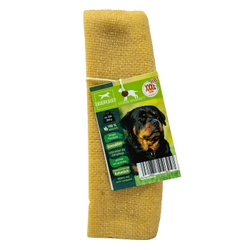 Käsekauknochen XXXL HB Ein gelbes Hundekauspielzeug mit einem Etikett, das einen Rottweiler zeigt, beschriftet mit "DAUERKAUER," "EXTREME BEISSKRAFT," und "100% natürlich."