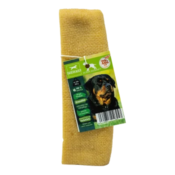 Jouet à mâcher pour chien jaune avec une étiquette présentant un Rottweiler, étiqueté "DAUERKAUER," "EXTREME BEISSKRAFT," et "100% naturel."