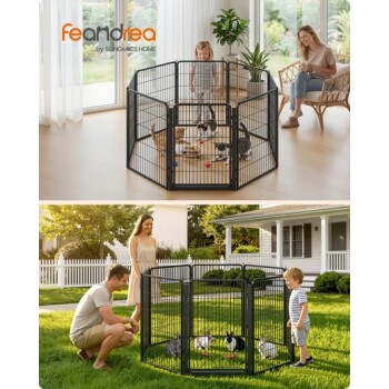 Feandrea von SONGMICS HOME schwarzer Metall-Achteck-Auslauf mit Kaninchen, Kindern und Erwachsenen, Innen- und Außenszenen.