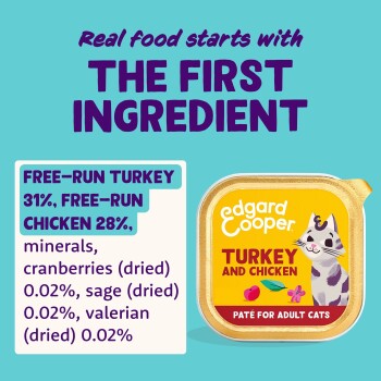 Edgard Cooper turkey & chicken cat pâté tin; text: "Real food starts with THE FIRST INGREDIENT"; label "Free‑run turkey 31%, free‑run chicken 28%".