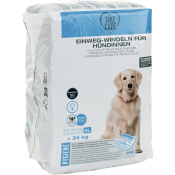 Paquet de couches jetables pour chiennes, taille XL pour chiens de plus de 34 kg, avec une image de golden retriever.