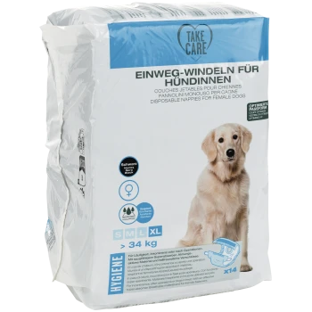 Packung Einwegwindeln für Hündinnen, Größe XL für Hunde über 34 kg, mit einem Bild eines Golden Retrievers.