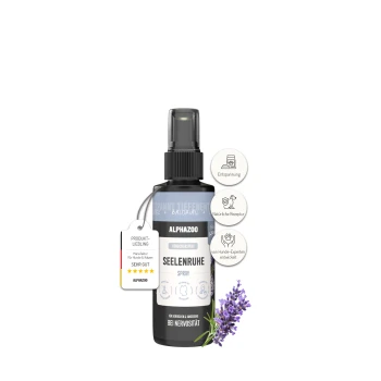 Flasche ALPHAZOO Care Körbchenspray für Hunde, beschriftet mit "SEELENRUHE" mit Lavendel und Baldrian, mit Entspannungsansprüchen und einer 5-Sterne-Bewertung.