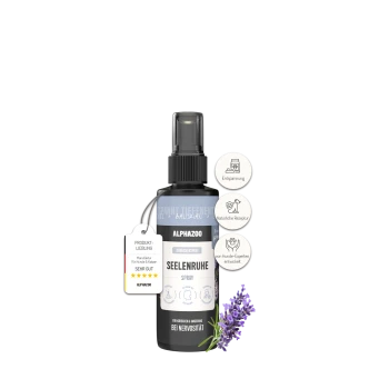 Flasche ALPHAZOO Care Körbchenspray für Hunde, beschriftet mit "SEELENRUHE" mit Lavendel und Baldrian, mit Entspannungsansprüchen und einer 5-Sterne-Bewertung.