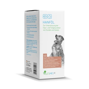 Hanföl für Hunde und Katzen, das die Haut- und Fellgesundheit fördert. Auf der Verpackung sind ein Golden Retriever und eine Katze abgebildet. 100 ml.