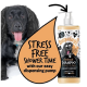 Ein glücklicher schwarzer Hund mit herausgestreckter Zunge neben einer Flasche Bugalugs Haferflocken-Shampoo, mit Text über stressfreie Duschzeit und einfache Dosierung.