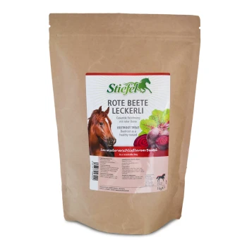 Braune Papiertüte mit Stiefel Rote Beete Leckerli, einem Rote-Bete-Leckerli für Pferde, mit einem Pferdebild und Text in Deutsch und Englisch.