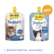 Two GimCat Yoghurt cat pouches with kittens; left mit Calcium, right aus 95% Vollmilch, orange NEU! badge.