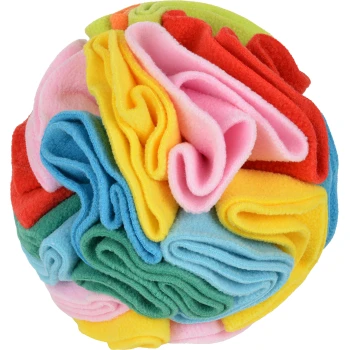 Colorful fleece snuffle ball toy for pets, made of layered pink, yellow, blue, green, and red fabric.