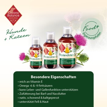 Drei Flaschen Mariendistelöl für Hunde und Katzen von Chrono Balance, die Vorteile wie Vitamin E und Omega-Fettsäuren hervorheben.