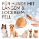 Shampoo für Hunde mit langem und lockigem Fell, mit einer Hand, die das Produkt hält, und Bildern verschiedener Hunderassen.