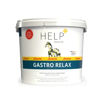 Behälter mit Josera HELP Gastro Relax veterinärer Diät für Pferde, mit einem Pferdegrafik und Text in Deutsch über Verdauungsunterstützung.