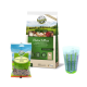 Eine Tüte BELFOR Premium Pur FleischPlus Hundefutter (5 kg) neben einem Paket FREILAND-HAPPEN weichen Snacks und einem Messbecher.