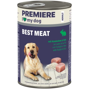 Premiere Adult-Hundefutterdose mit der Aufschrift "I ♥ my dog" und "BEST MEAT" – Kaninchen & Reis; zeigt Hundefoto sowie Fleisch- und Reisstücke.