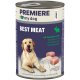 Premiere Adult-Hundefutterdose mit der Aufschrift "I ♥ my dog" und "BEST MEAT" – Kaninchen & Reis; zeigt Hundefoto sowie Fleisch- und Reisstücke.