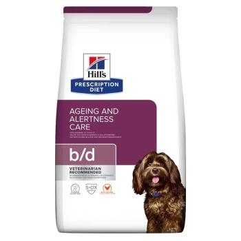 b/d Ageing & Alertness Care 12kg Hill's Prescription Diet Beutel mit 'Alterungs- und Wachsamkeitsversorgung' für Hunde, mit einem Bild eines braunen Hundes und dem Text 'Vom Tierarzt empfohlen.'