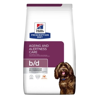 Hill's Prescription Diet Beutel mit 'Alterungs- und Wachsamkeitsversorgung' für Hunde, mit einem Bild eines braunen Hundes und dem Text 'Vom Tierarzt empfohlen.'