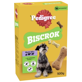 Gelbe Pedigree BISCROK Hundekeks‑Schachtel mit Rosettenlogo, Foto eines kleinen Hundes, Keksabbildungen und Text 'Multi Mix' sowie '500 g'
