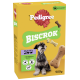 Gelbe Pedigree BISCROK Hundekeks‑Schachtel mit Rosettenlogo, Foto eines kleinen Hundes, Keksabbildungen und Text 'Multi Mix' sowie '500 g'