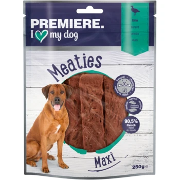 Premiere I love my dog Meaties dog treats packaging, featuring three pieces of meat, with a label stating 90.5% meat, 250g.