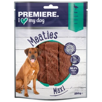 Verpackung der Premiere I love my dog Meaties Hundeleckerlis, die drei Stücke Fleisch zeigt, mit einem Etikett, das 90,5 % Fleisch und 250 g angibt.