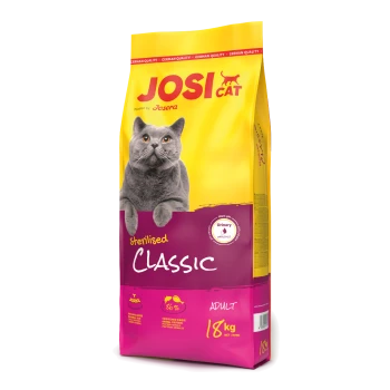 JosiCat Sterilised Classic Katzenfutterbeutel für erwachsene Katzen, 18 kg, gelbe und violette Verpackung mit grauem Katzenbild und Urin-pH 6,0-6,5 Etikett.