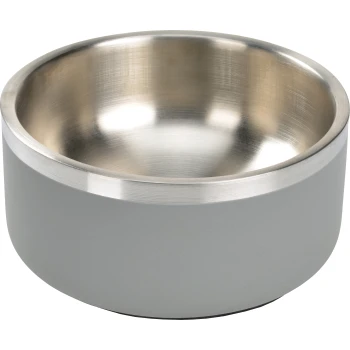 RVS huisdierenvoederbak met een matte grijze buitenkant en glanzende binnenkant, ontworpen voor duurzaamheid en gemakkelijke reiniging.