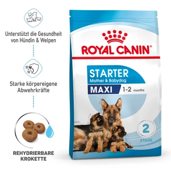 MAXI Starter 15kg Royal Canin Starter Mother & Babydog Maxi Hundefutterbeutel, mit einer Mutterhündin und drei Welpen, hebt die Gesundheitsunterstützung für Mütter und Welpen hervor.
