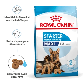 Royal Canin Starter Mother & Babydog Maxi Hundefutterbeutel, mit einer Mutterhündin und drei Welpen, hebt die Gesundheitsunterstützung für Mütter und Welpen hervor.