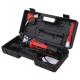 Elektrisches Haustierpflege-Schneider-Set in einem schwarzen Koffer, mit einem rot-schwarzen Schneider, einer Reinigungsbürste und einer Ölflasche.