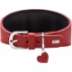 Rotes Lederhalsband für Hunde mit schwarzer Innenverkleidung, silberner Schnalle und D-Ring, herzförmigem Anhänger und kleiner Metallplakette mit der Aufschrift 'HUNTER'
