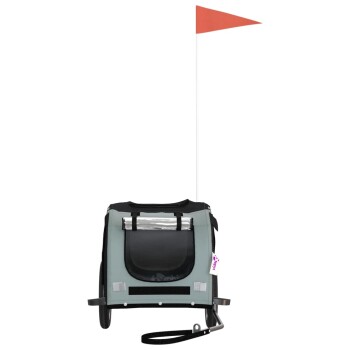 Haustierträger mit Rädern, graues und schwarzes Design, mit einer Fronttasche und einer roten Flagge auf einem Mast.