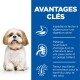 Un Shih Tzu souriant est assis à côté d'un panneau bleu mettant en avant les avantages : digestion facile, oméga-6, vitamine E et minéraux équilibrés pour la santé.