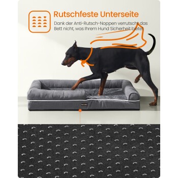 Dobermann steigt in graues Hundebett mit punktierter, rutschfester Unterseite, orangefarbene Umhang-Grafik; sichtbarer Text 'Rutschfeste Unterseite'.