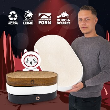 Drei stilvolle Futterschalen für Haustiere, die übereinander gestapelt sind, mit Holzoberfläche, weißen und schwarzen Designs, jeweils mit einem Ahornblatt-Logo.