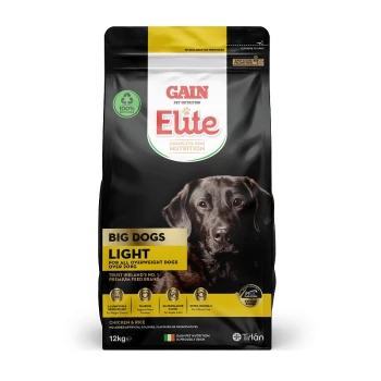 Gain Elite Complete Dog Nutrition, Big Dogs Light, 12kg bag featuring a black dog on the front, with ingredients like chicken and rice.
