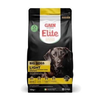 Gain Elite Complete Dog Nutrition, Big Dogs Light, 12kg bag featuring a black dog on the front, with ingredients like chicken and rice.