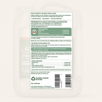 Lachsöl Ergänzung für Hunde, Pferde und Katzen; unterstützt die Herz-Kreislauf-Gesundheit. Enthält essentielle Fettsäuren. 100% natürlich.