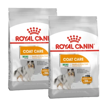 Zwei Säcke Royal Canin Coat Care Hundefutter für Mini-Rassen, das ein gesundes und glänzendes Fell fördert, mit einer Ergebnisaussage in 28 Tagen.