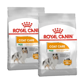 Zwei Säcke Royal Canin Coat Care Hundefutter für Mini-Rassen, das ein gesundes und glänzendes Fell fördert, mit einer Ergebnisaussage in 28 Tagen.