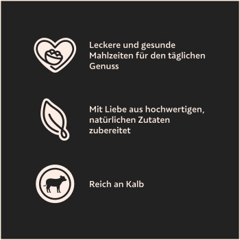 Drei beige Haustierfutter-Symbole mit Text: 'Leckere tägliche Mahlzeiten', 'Mit Liebe aus natürlichen Zutaten hergestellt', 'Reich an Kalbfleisch'