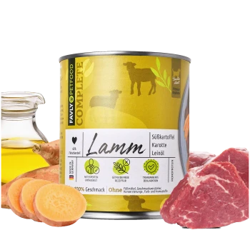 Dosen-Hundefutter "Lamm" mit Lamm, Süßkartoffel, Karotte, Leinsamenöl, Herzsymbol und Nährwertangaben.