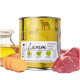 Dosen-Hundefutter "Lamm" mit Lamm, Süßkartoffel, Karotte, Leinsamenöl, Herzsymbol und Nährwertangaben.