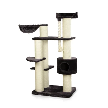 Ein schwarzer und cremefarbener Kratzbaum mit mehreren Ebenen, einer gemütlichen Hängematte, Kratzpfosten und einem würfelförmigen Versteck.